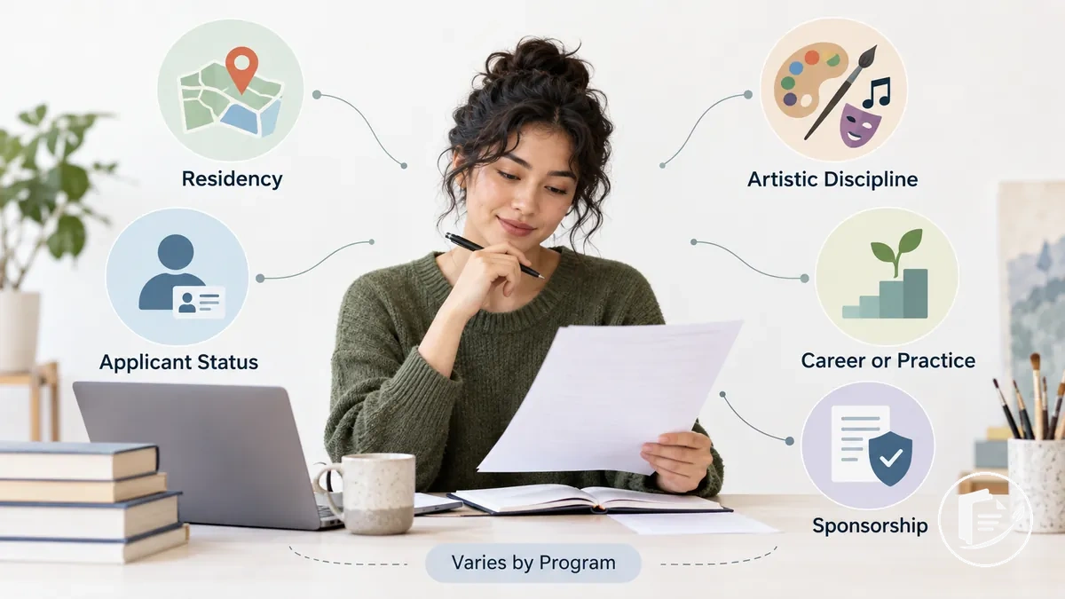 فنان يراجع سمات أهلية مقدم الطلب بما في ذلك الإقامة والوضع والتخصص ومتطلبات الممارسة