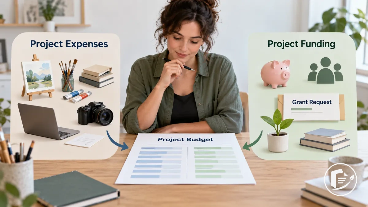 Künstler prüft Projektausgaben und Finanzierungsquellen in einem Förderbudget