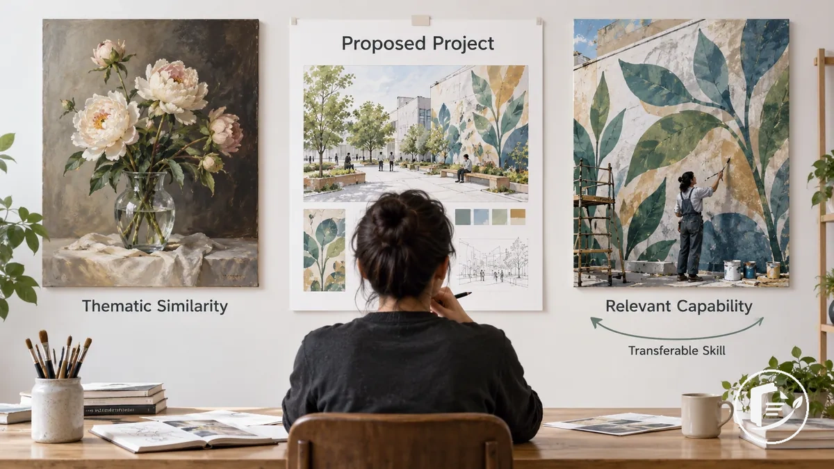 Künstler vergleicht Arbeitsproben auf Relevanz für ein geplantes Förderprojekt