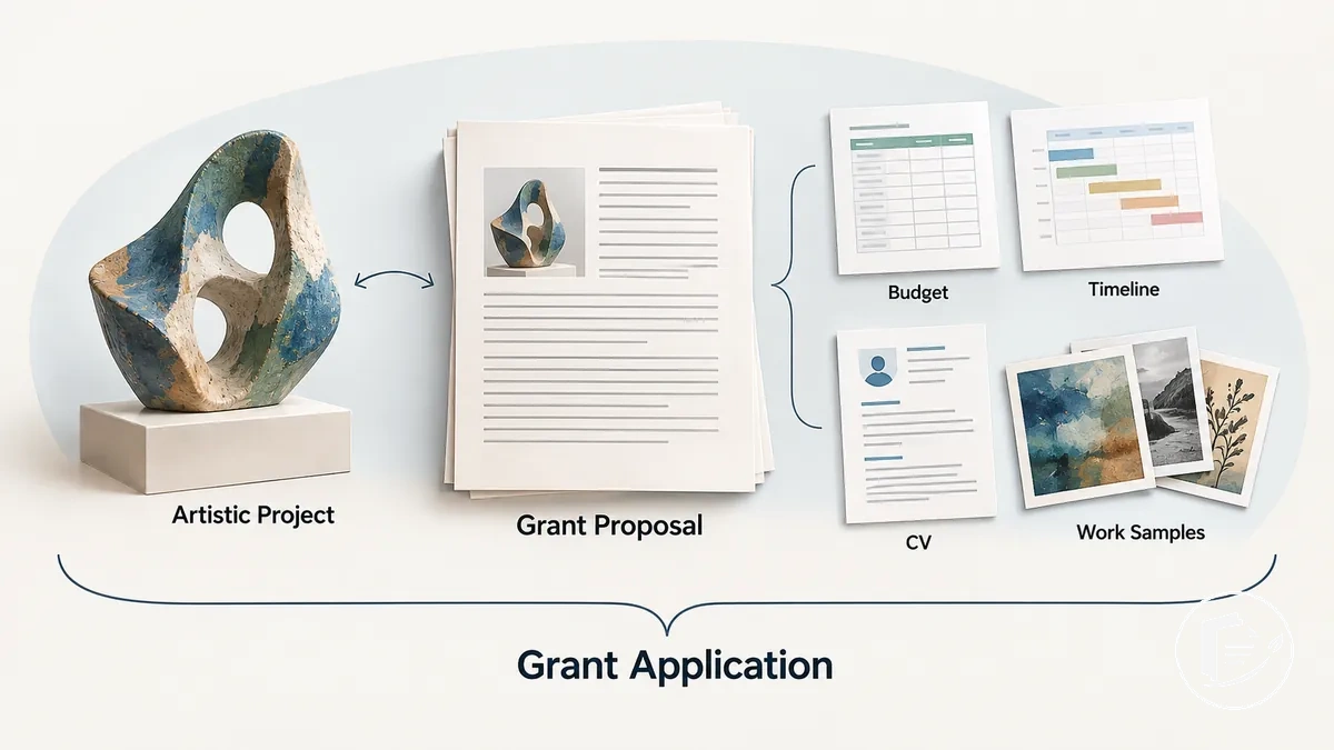 Illustration of artist grant writing within a broader grant application package