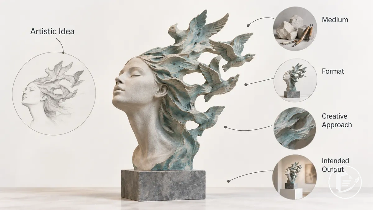 Illustration showing an artistic idea taking form as a concrete proposed artwork with visible medium and format