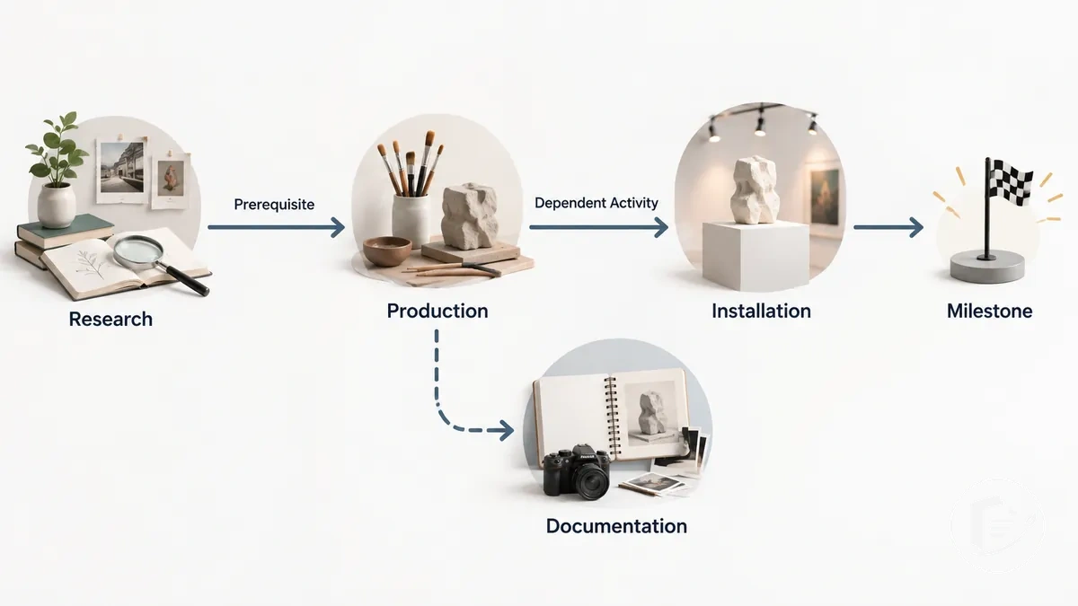 Project activities arranged by dependencies with sequential and parallel tasks leading to a milestone