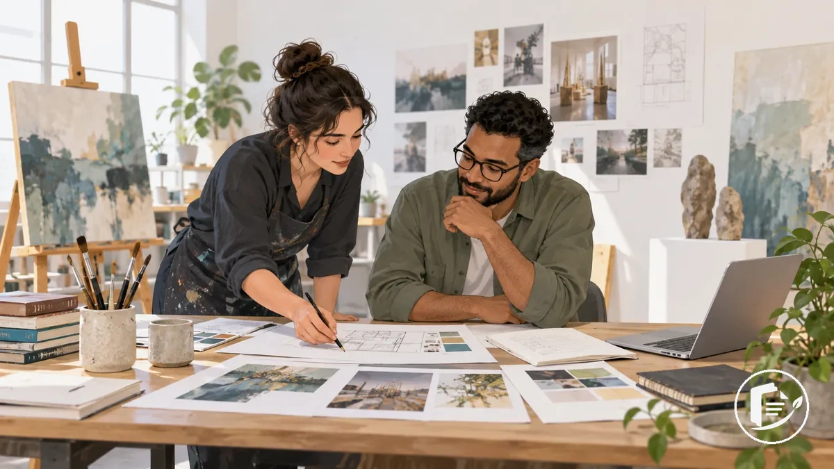 Illustration of an artist and project collaborator establishing the relationship behind a grant support letter