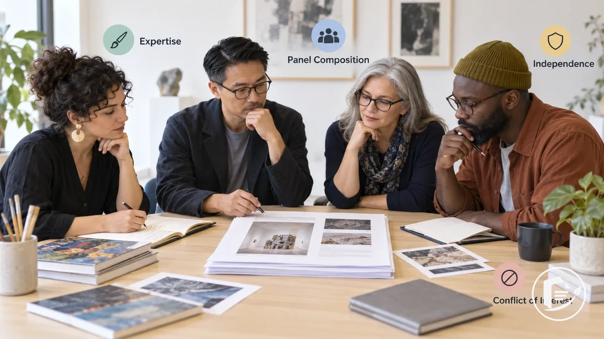 Panel de revisión con experiencia en artes examinando una solicitud de subvención para artistas