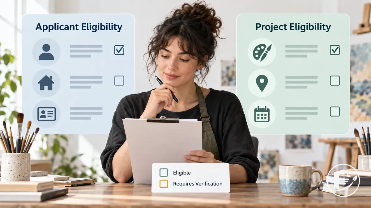 Artista comprobando por separado las condiciones de elegibilidad del solicitante y del proyecto para una subvención