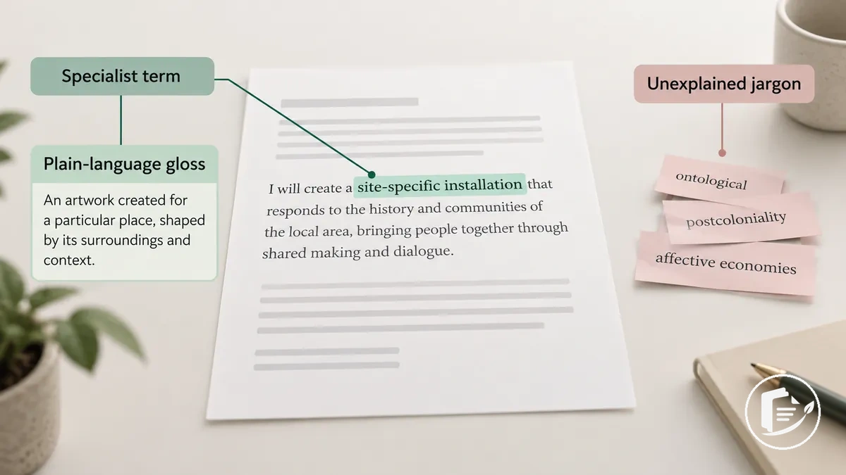 Phrase de demande de subvention montrant un terme spécialisé avec une courte explication en langage courant