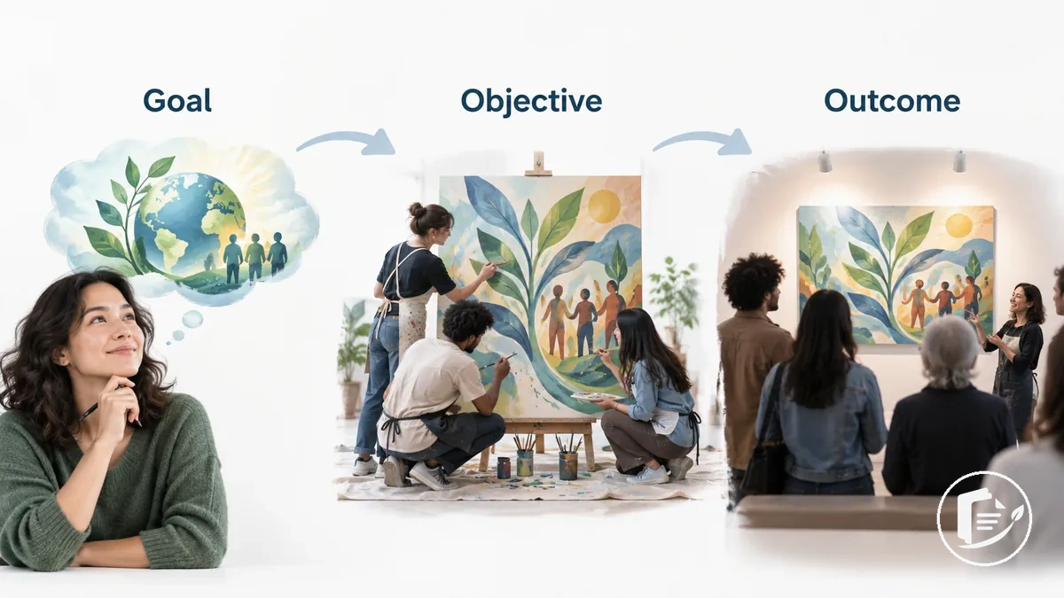 Illustration montrant la relation entre le but, l’objectif et le résultat attendu d’un projet artistique