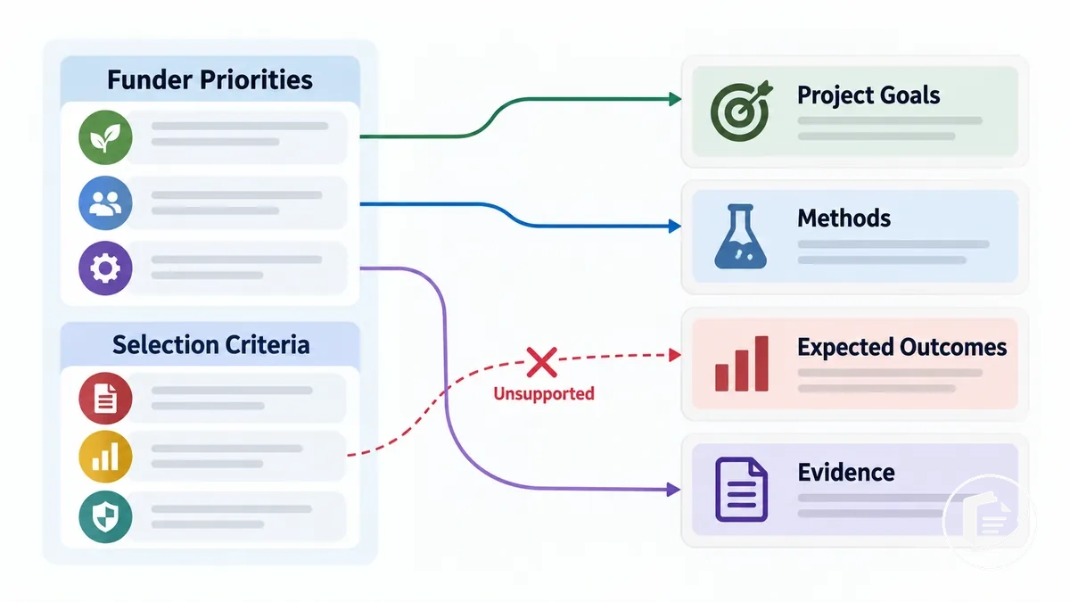 Diagramme cartographiant les priorités et critères de sélection du financeur vers les objectifs, méthodes, résultats et preuves étayés du projet