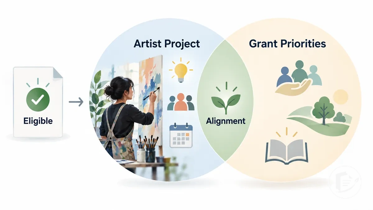 Diagramme montrant un projet d'artiste aligné sur les priorités d'une subvention, une fois l'éligibilité vérifiée
