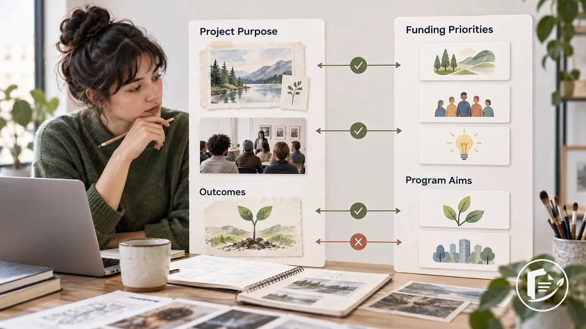 Artiste comparant l’objectif du projet avec les priorités de financement de la subvention