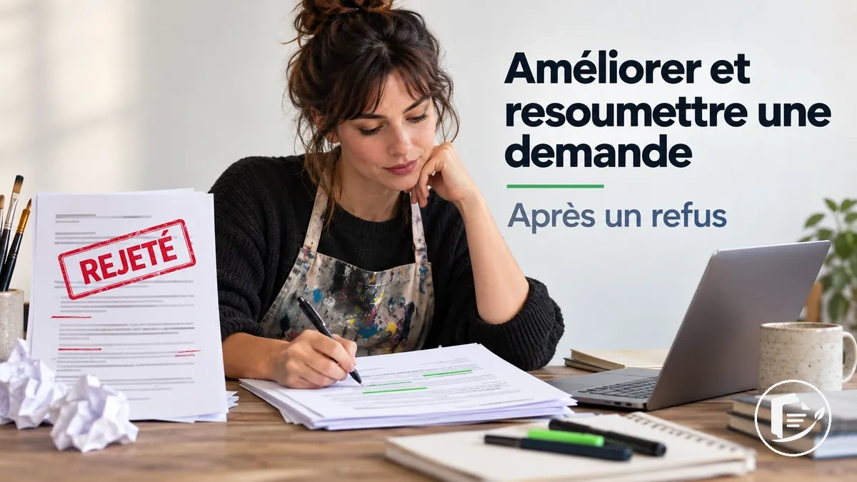 Artiste révisant une demande de subvention refusée avant de la soumettre à nouveau
