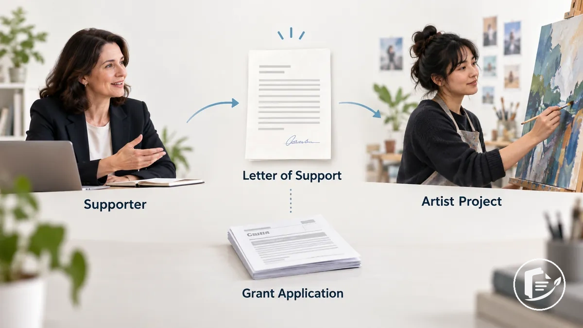 Ilustração mostrando a carta de um apoiador respaldando um projeto artístico dentro de uma inscrição em edital