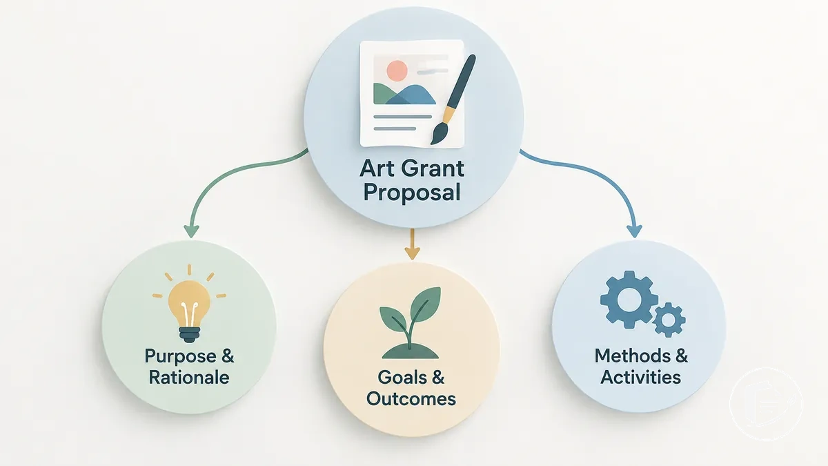 Diagrama conectando propósito do projeto e justificativa artística, metas e resultados pretendidos, e métodos e atividades do projeto dentro de uma proposta para edital artístico