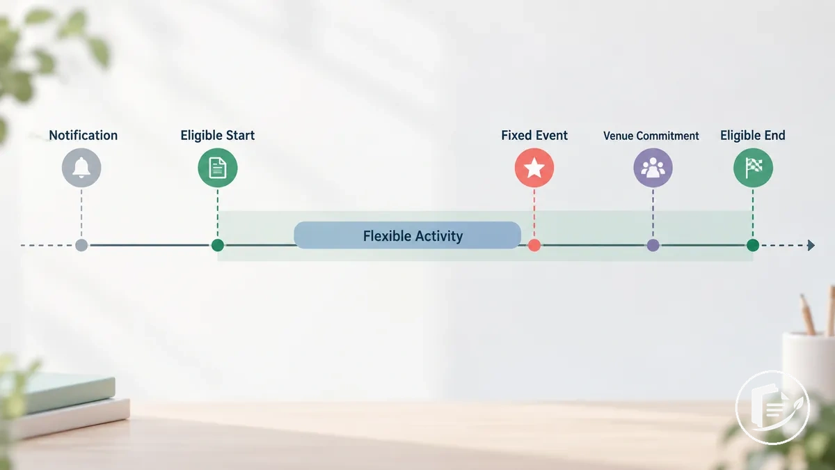 Hibe destekli proje penceresini gösteren illüstrasyon: uygun başlangıç ve bitiş tarihleri, sabit etkinlik tarihi ve esnek faaliyet zamanlaması
