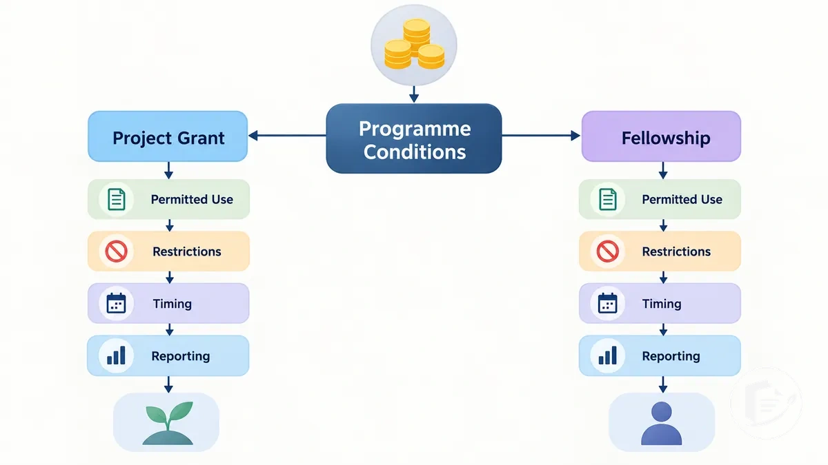 Program koşullarının proje hibeleri ve burslar için finansman kullanımını ve kısıtlamalarını nasıl etkilediğini gösteren diyagram.