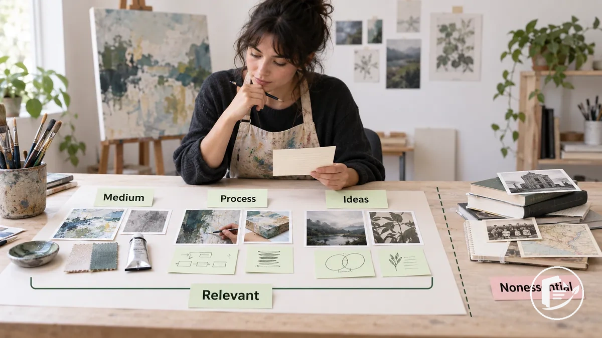 Sanatçı, sanatçı beyanı için ortam, süreç ve fikirlerle ilgili ayrıntıları seçmek üzere notlarını ve sanat eserini inceliyor